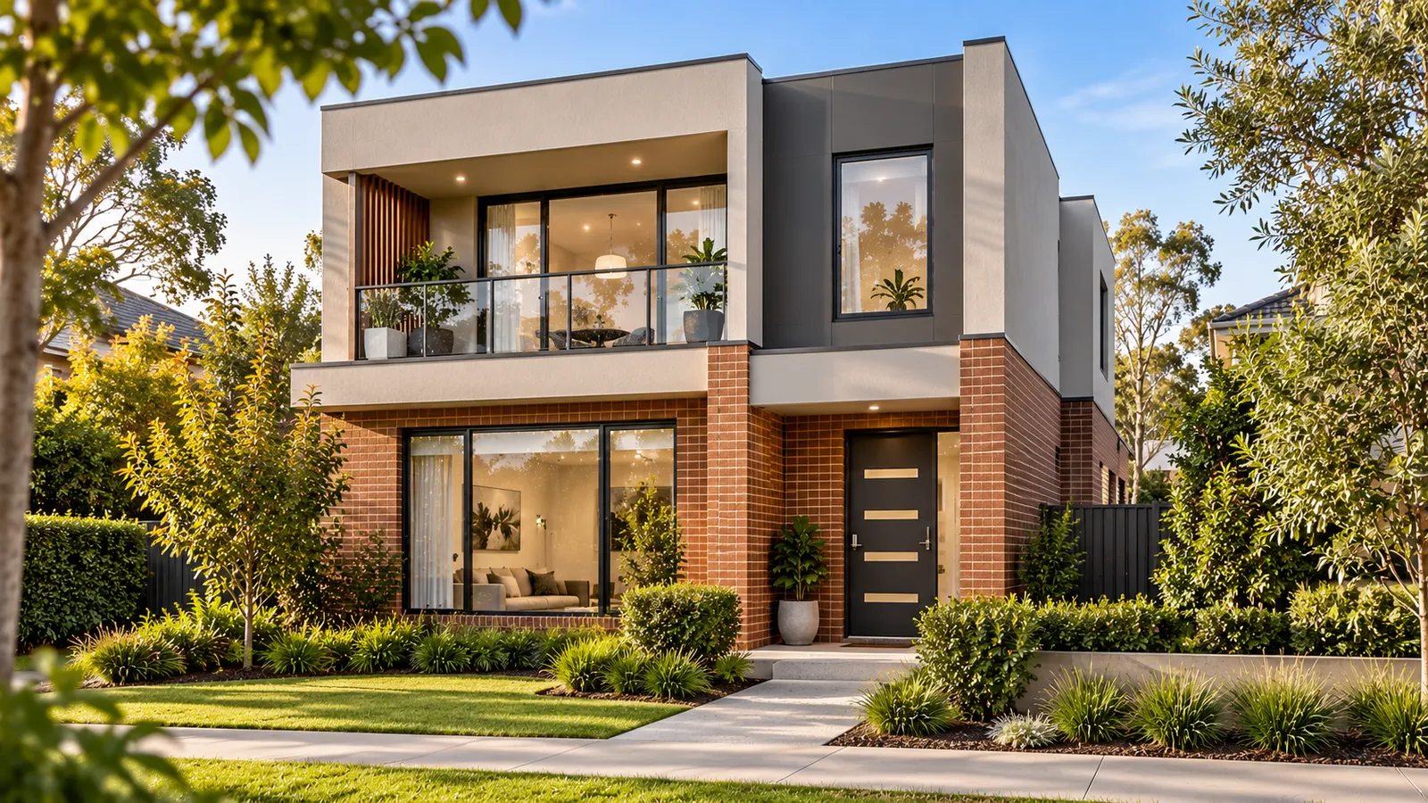 A modern two-storey brand-new home with brick and rendered facade, balcony and landscaped garden